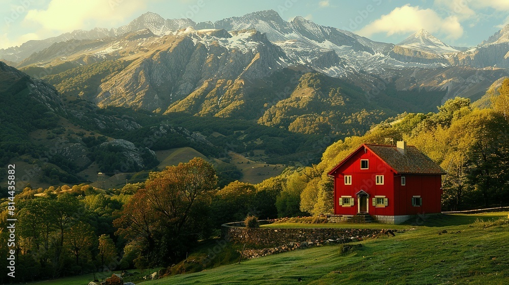Obraz premium Encantadora Casa Roja Aislada en la Montaña: Norte de Europa