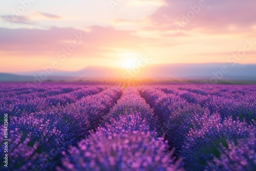 Tranquil lavender field at dusk photo on white isolated background