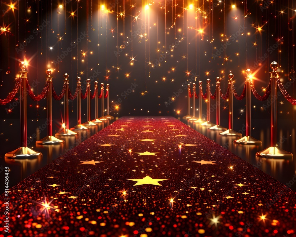 Glamorous Red Carpet with Sparkling Gold Stars and Dramatic Spotlight Effects Evoking Luxury and Festive