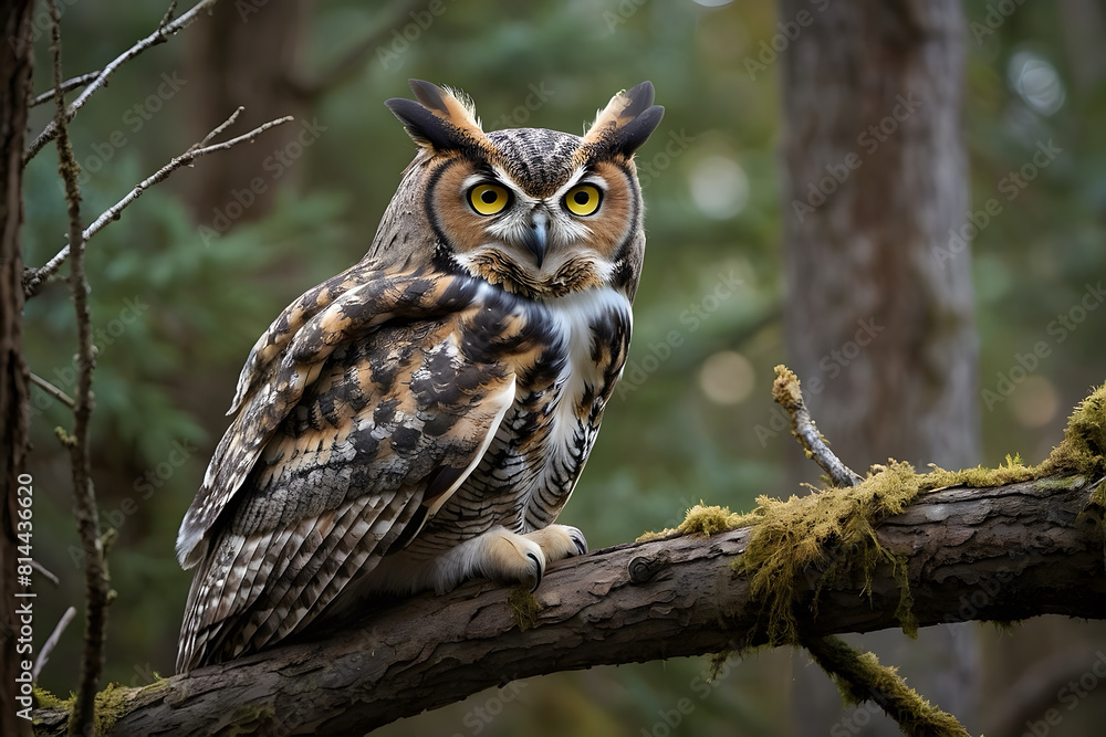 Fototapeta premium A great horned owl resting on a branch
