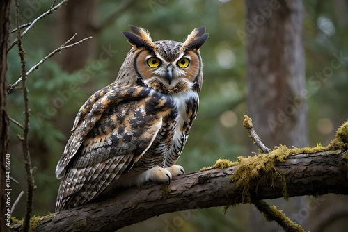A great horned owl resting on a branch