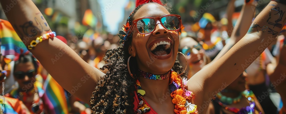 A young woman with long black hair and brown skin is celebrating at a Pride parade