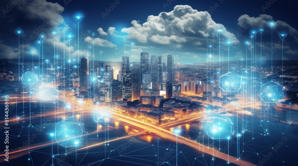 Fototapeta premium Cloud computing concept - Smart city with a wireless internet power network around buildings in a futuristic city.