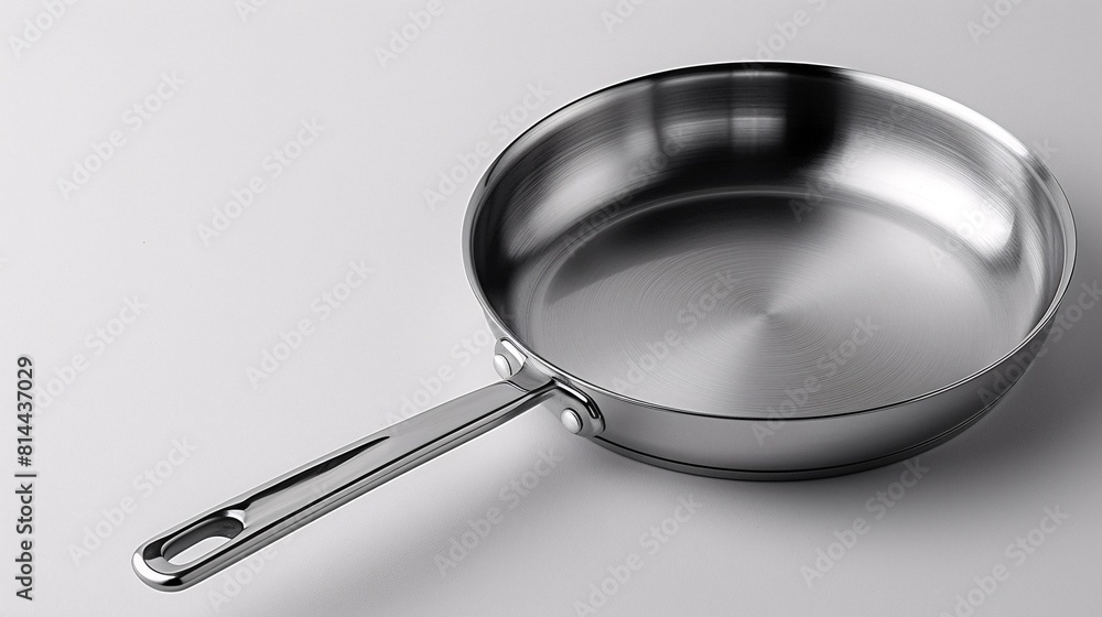 A stainless steel pan photographed in isolation on a white background. A stainless steel pan photographed in isolation on a white background.