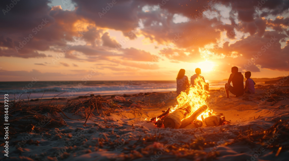 Beachside bonfire gathering at sunset