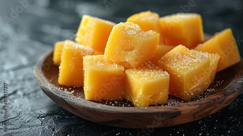 Fresh mango chunks on a plain background.