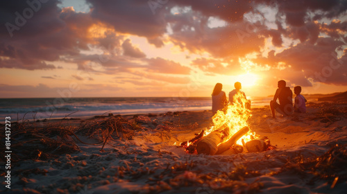 Beachside bonfire gathering at sunset