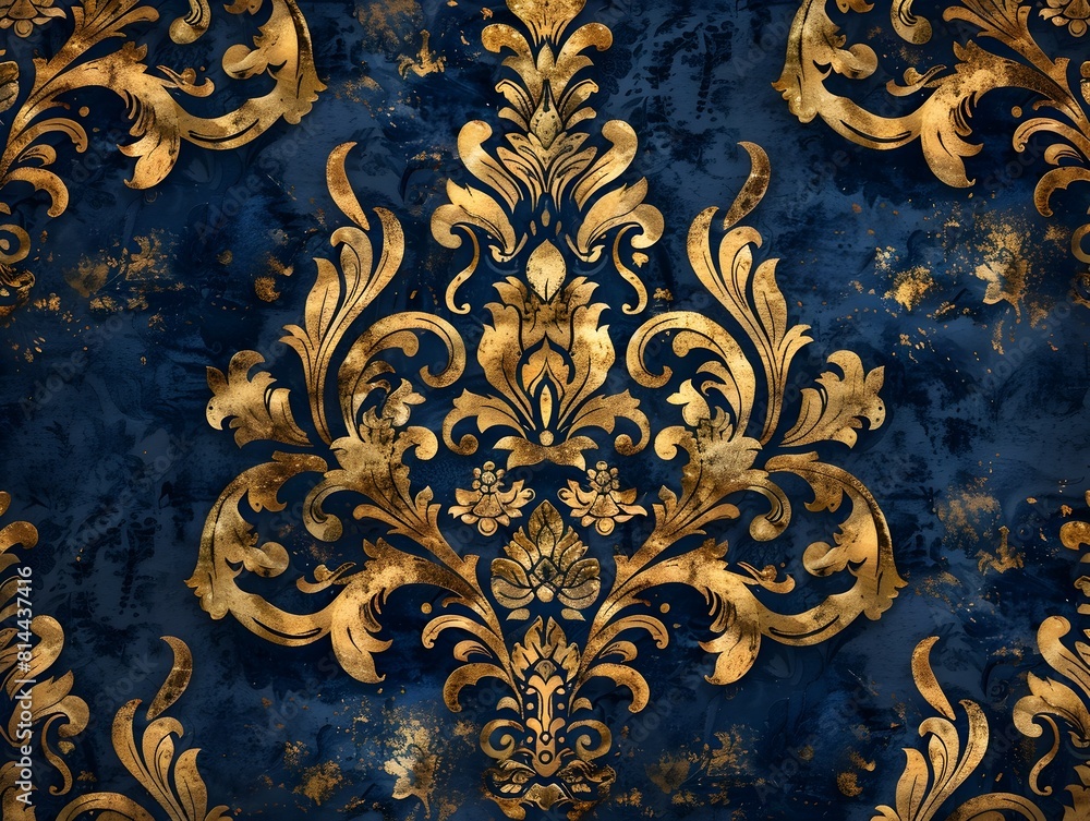 Regal Tapestry Pattern with Historic Golden Motifs on Royal Blue Luxury Background Regal Tapestry Pattern with Historic Golden Motifs on Royal Blue Luxury Background