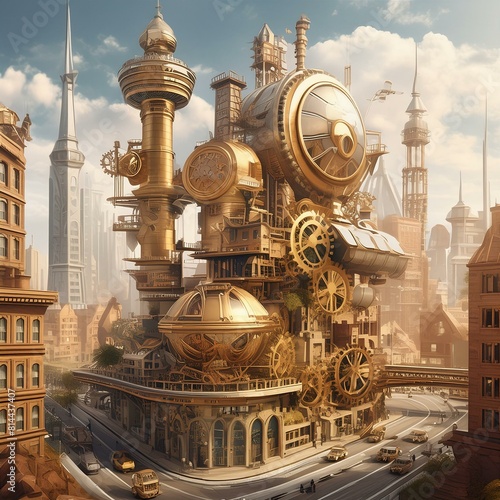 A futuristic steampunk cityscape with towering brass buildings  intricate gear mechanisms