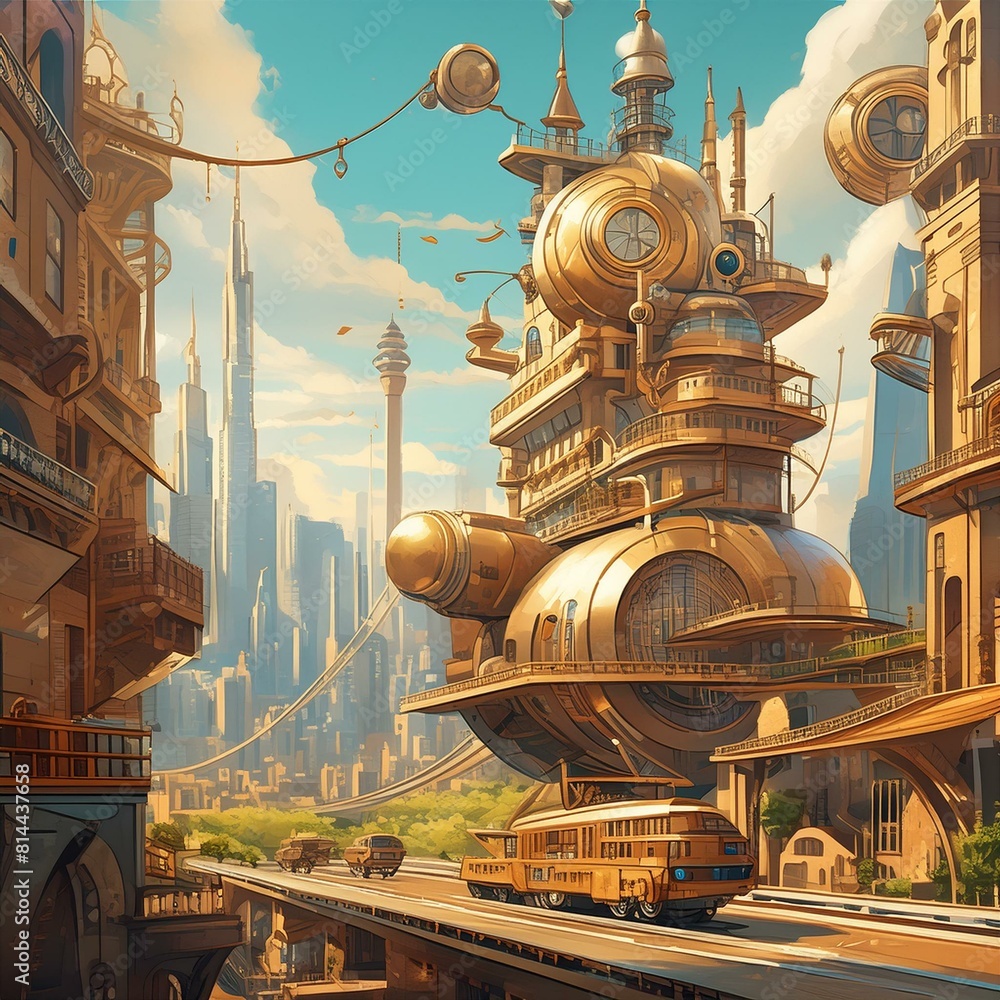 Fototapeta premium A futuristic steampunk cityscape with towering brass buildings, intricate gear mechanisms
