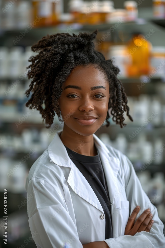 A black female pharmacist stands at the forefront of a pharmacy
A black female pharmacist stands at the forefront of a pharmacy