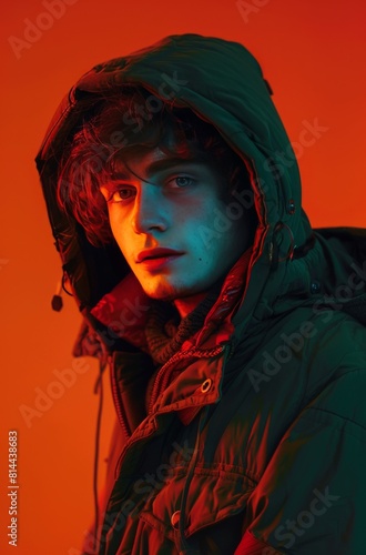 a young man in a green jacket and hooded on an orange background staring at the camera  