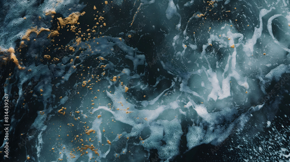 Photo depicting the deep blue and swirling textures of an ocean abyss, accented with golden flecks and white foam Photo depicting the deep blue and swirling textures of an ocean abyss, accented with golden flecks and white foam