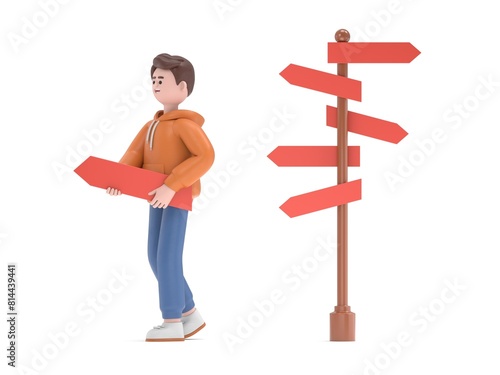 Choose the direction. Directinal concept, 3D illustration in cartoon design.3D illustration of male guy Qadir.3D rendering on white background. photo