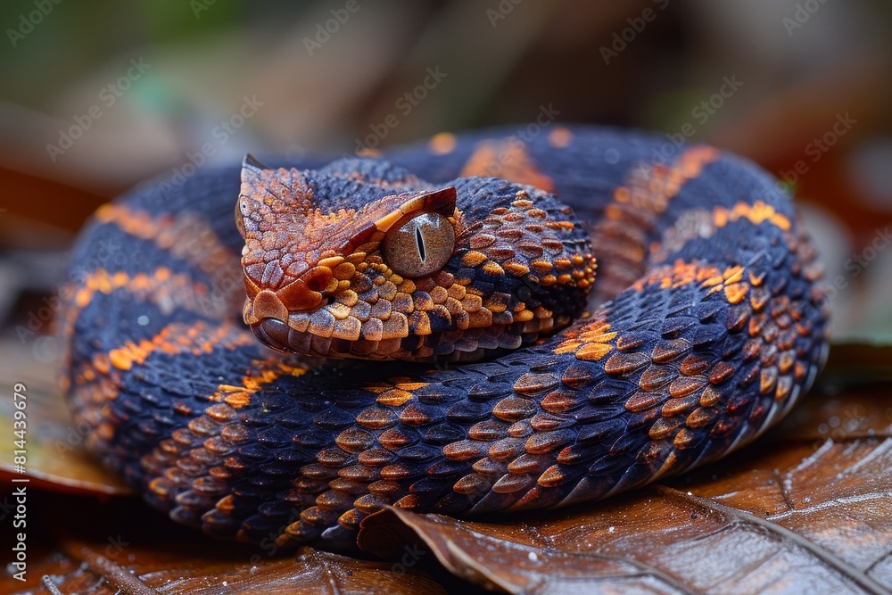 Gaboon Adder: Coiled on forest floor with broad head and camouflage pattern, representing ambush predator. Gaboon Adder: Coiled on forest floor with broad head and camouflage pattern, representing ambush predator.