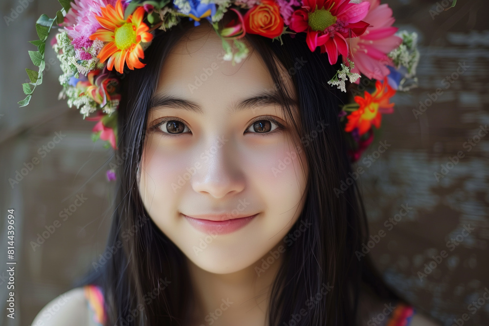Cute Asian teen girl with flower crown, closeup portrait Cute Asian teen girl with flower crown, closeup portrait