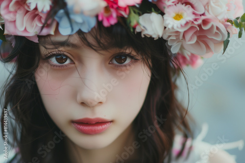 Cute Asian teen girl with flower crown  closeup portrait