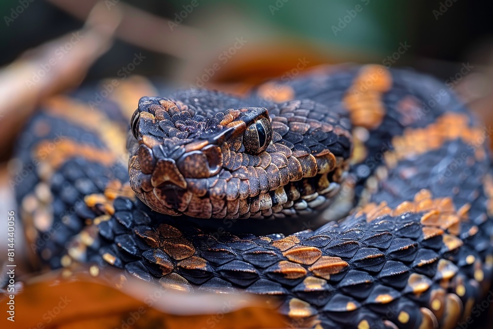 Gaboon Adder: Coiled on forest floor with broad head and camouflage pattern, representing ambush predator. Gaboon Adder: Coiled on forest floor with broad head and camouflage pattern, representing ambush predator.