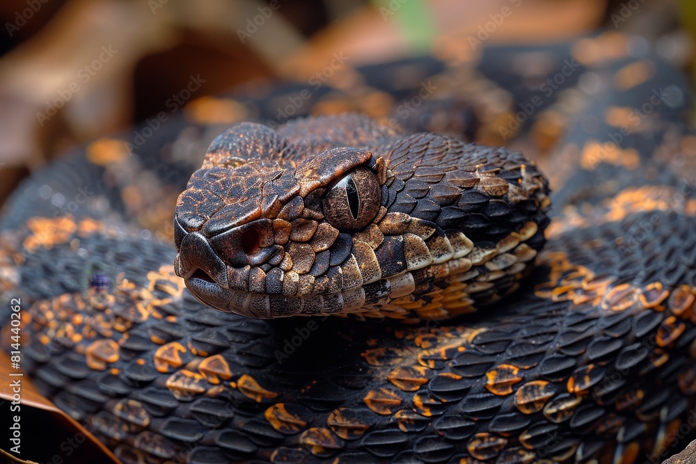 Gaboon Adder: Coiled on forest floor with broad head and camouflage pattern, representing ambush predator. Gaboon Adder: Coiled on forest floor with broad head and camouflage pattern, representing ambush predator.