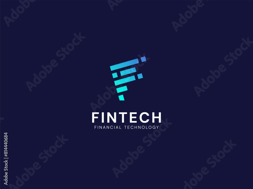 FinTech Financial Technology with letter F chart graph technology Analysis logo vector design concept. Letter f logotype symbol for digital finance, ui, new technology, investment, business, identity.