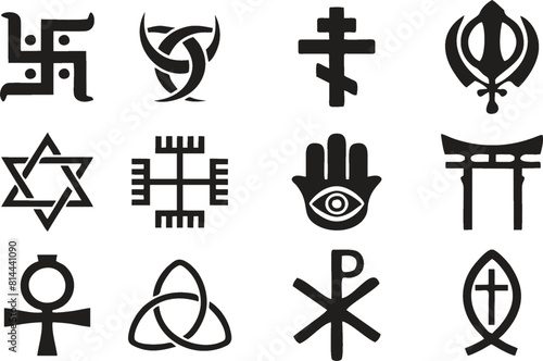 Religion icons set. Set of religion symbols and black icons for buddhism, christianity, judaism, hinduism, islam. Editable vector, eps 10.
