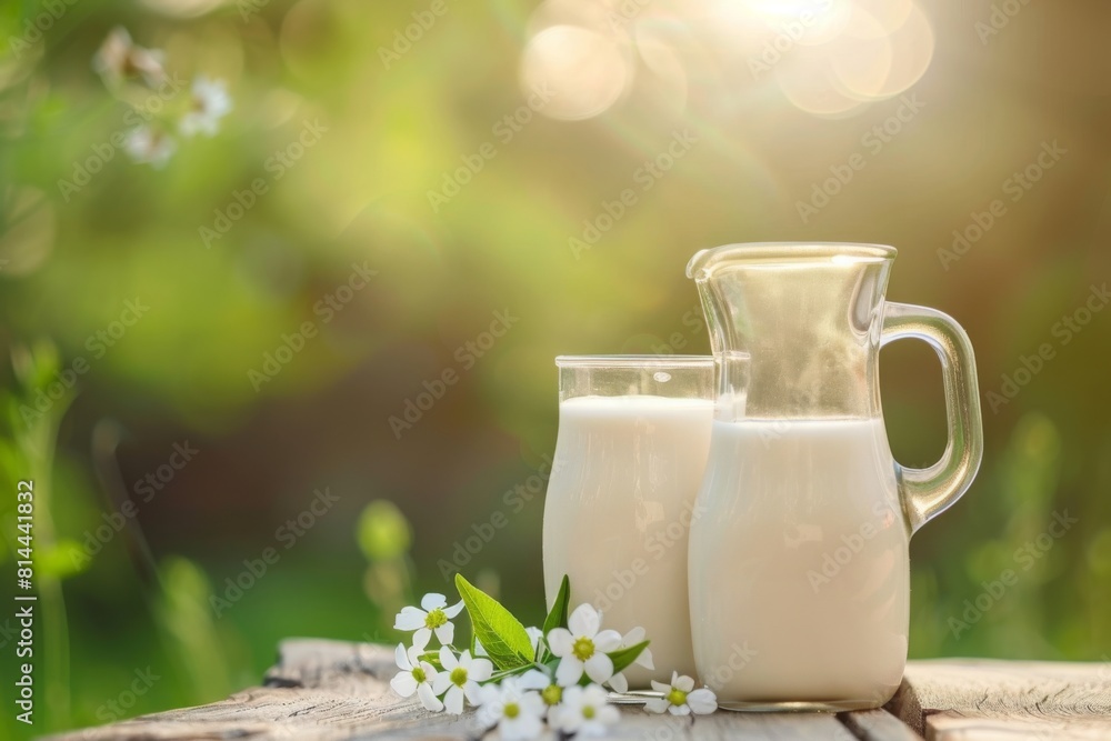 A glass pitcher and a glass of milk on a wooden table with small white flowers and green leaves, with a softly blurred green background, evoking a fresh and natural outdoor setting, world milk day A glass pitcher and a glass of milk on a wooden table with small white flowers and green leaves, with a softly blurred green background, evoking a fresh and natural outdoor setting, world milk day