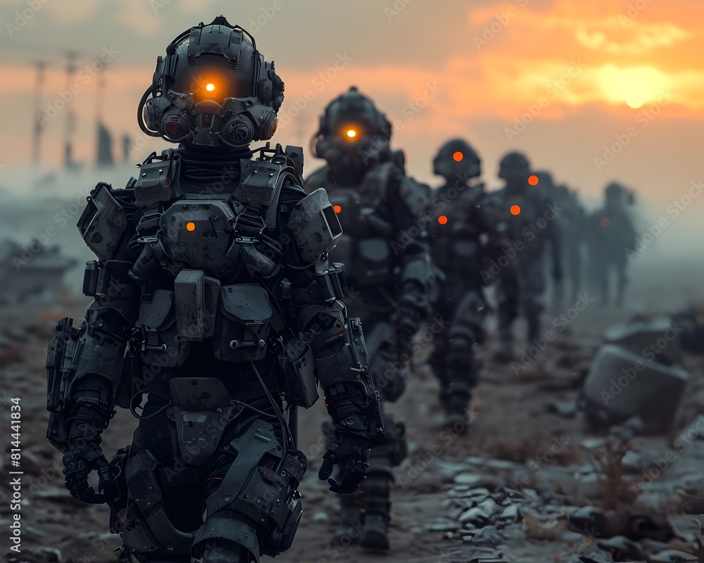 A group of soldiers in advanced exoskeleton armor cautiously navigating through a desolate post apocalyptic landscape A group of soldiers in advanced exoskeleton armor cautiously navigating through a desolate post apocalyptic landscape