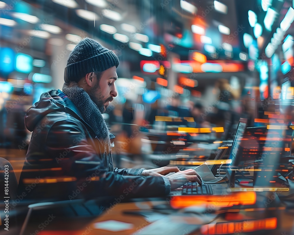 Journalist Typing Rapidly in Bustling Newsroom Chasing Latest Story Journalist Typing Rapidly in Bustling Newsroom Chasing Latest Story