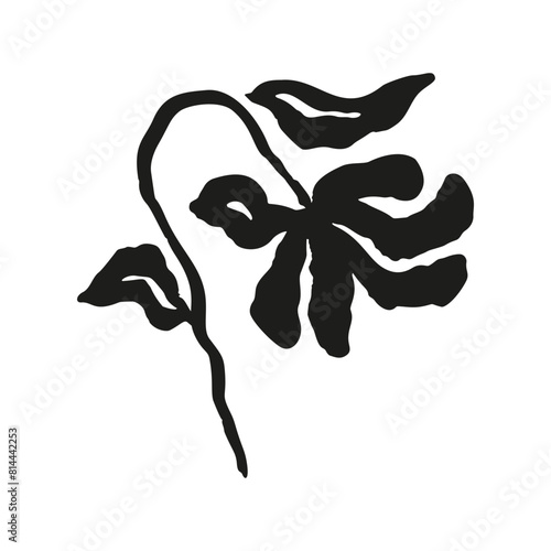 Ink brush abstract flower sketch isolated on white. Black silhouette of doodle floral