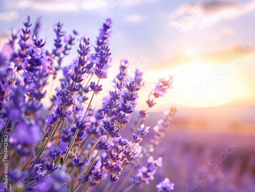 Lavender field at sunset with vibrant purple blooms against warm glowing sky. For nature themed wallpaper, relaxation and wellness concepts, with copy space for text. Ai generation.
