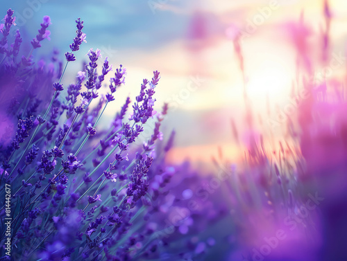 Lavender field in bloom at sunset, vibrant purple tones with soft bokeh for design and print. Relaxation, aromatherapy, and natural beauty concept with copy space. Ai generation