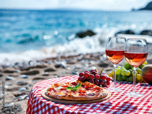 Picnic on the beach at sunset with a spread of fresh fruits, pepperoni pizza, and red wine. Romantic summer dining, food, and wine tasting concept with seaside view. Ai generation