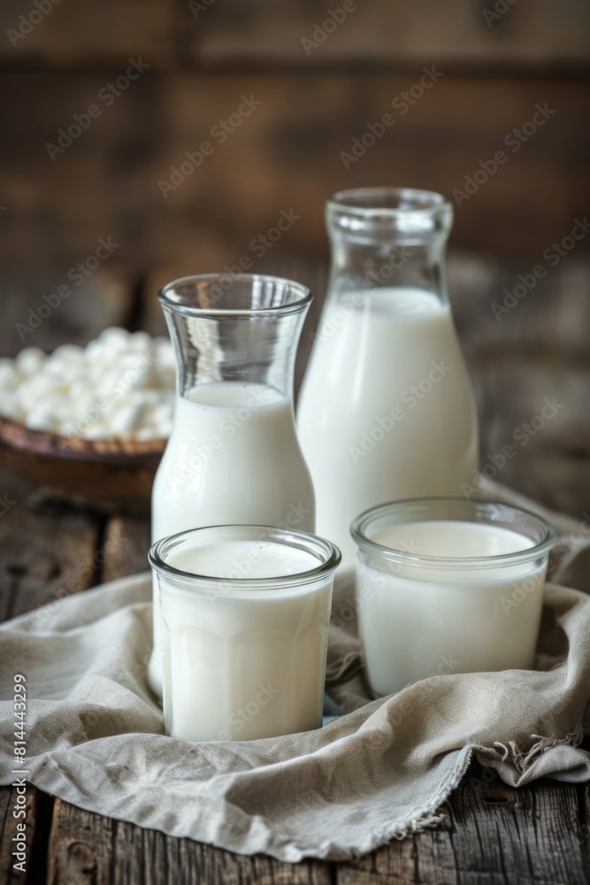 A collection of milk containers including a glass bottle, pitcher, and glasses on a rustic wooden table with a beige cloth, highlighting the diversity of dairy presentation, world milk day A collection of milk containers including a glass bottle, pitcher, and glasses on a rustic wooden table with a beige cloth, highlighting the diversity of dairy presentation, world milk day