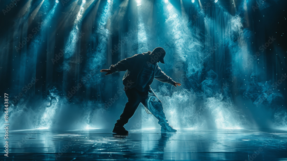 Breakdancer competing in an olympics arena with blue light and a fog