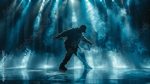 Breakdancer competing in an olympics arena with blue light and a fog