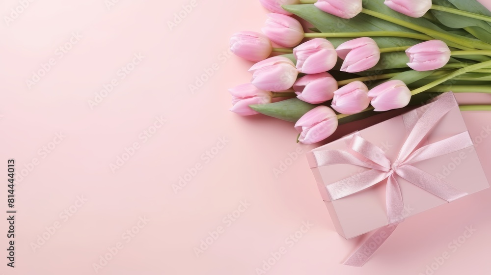 Obraz premium A beautiful bouquet of pink tulips and a wrapped gift box on a solid pink background.