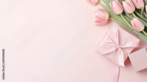 A beautiful bouquet of pink tulips and a wrapped present with a pink bow on a pink background. #814444068