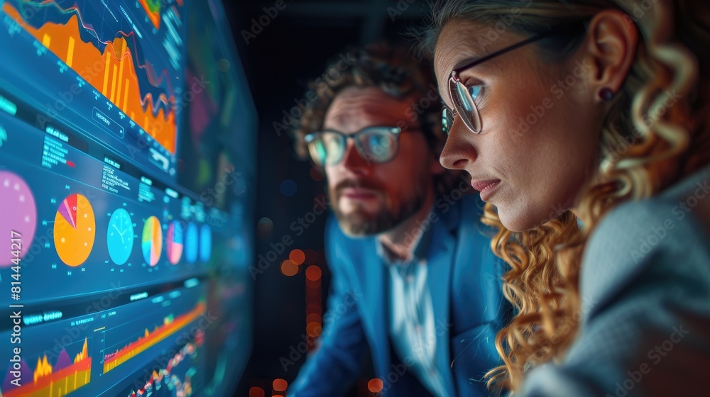 Obraz premium Business analysts examine market trends and financial data during a comprehensive meeting, exploring opportunities for expansion and innovation. The atmosphere is one of concentration and