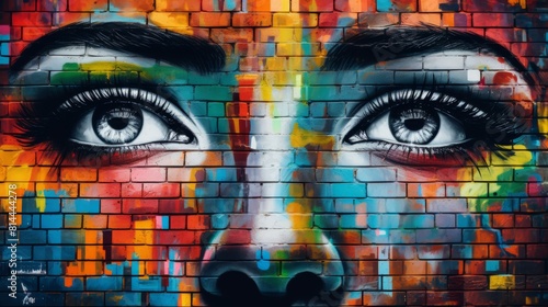 A close-up of a woman s face is painted on a brick wall in shades of blue  green  yellow  orange  and pink.