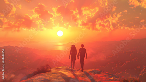 Couple together enjoying the sunset together in beautiful mountain in 3d Style 