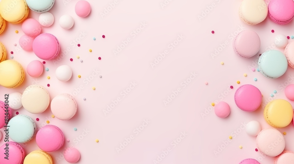 Colorful pastel pink, blue, yellow and green candy drops and sprinkles on a pink background.