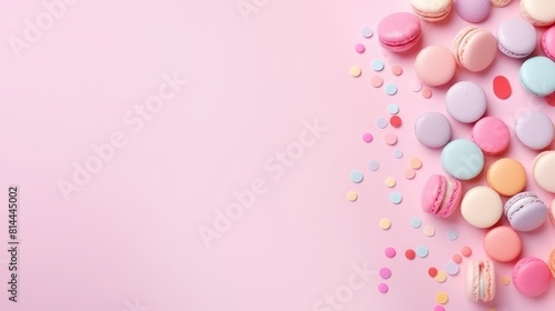 Colorful pastel color macarons with sprinkles on a pink background.