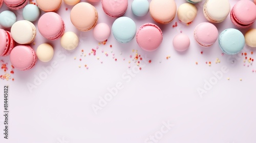 Colorful pastel color macarons with sprinkles on white background.