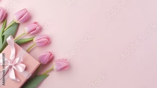Light pink tulips and a closed gift box with a silver ribbon on a pastel pink background.