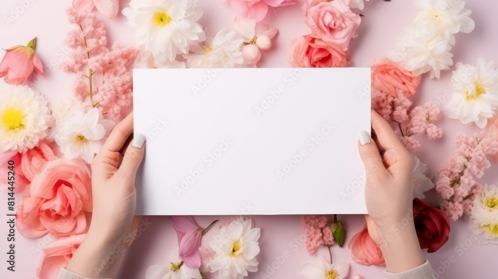 © admin_design - Blank notepaper in female hands on a background of flowers. Place for text. © admin_design - Blank notepaper in female hands on a background of flowers. Place for text.