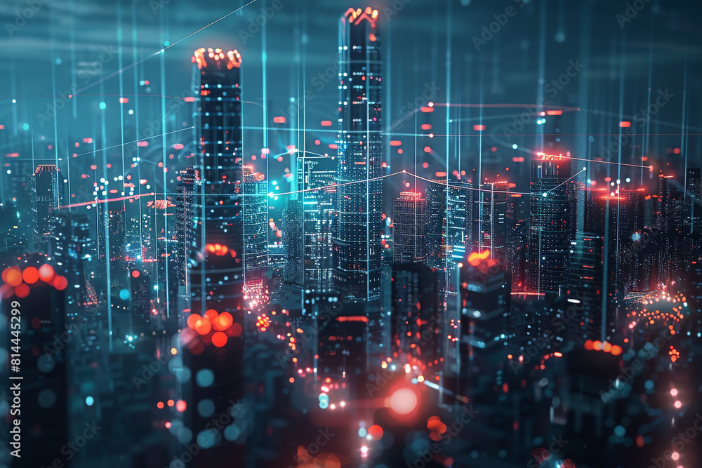 Obraz premium 5G Connectivity concept featuring a cityscape at night with digital, glowing connection lines, illustrating a global, futuristic network powered by smart technology and AI 