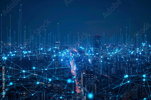 5G Connectivity concept featuring a cityscape at night with digital, glowing connection lines, illustrating a global, futuristic network powered by smart technology and AI 