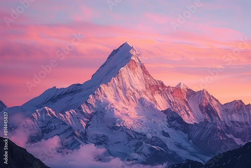 A breathtaking mountain peak bathed in the soft hues of a pink sunset  symbolizing clarity of mind  heightened awareness  and a visionary perspective amidst serene natural beauty 