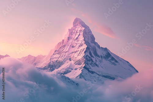 A breathtaking mountain peak bathed in the soft hues of a pink sunset, symbolizing clarity of mind, heightened awareness, and a visionary perspective amidst serene natural beauty 