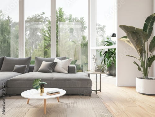 A modern living room with Scandinavian design, featuring a grey sectional sofa, a minimalist white coffee table, wooden flooring, large floor-to-ceiling windows, and indoor plants. 